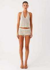 Pearl Shore Beaded Crochet Top - Ivory