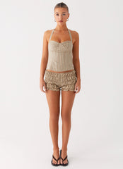 Girls Like Us Ruched Mini Shorts - Oatmeal Stripe