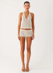 Pearl Shore Beaded Crochet Mini Shorts - Ivory