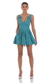 Double Bow A-Line Dress in Turquoise Blue