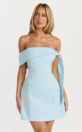 Cecilia Mini Dress - Off Shoulder Tie Detail Dress in Pale Blue