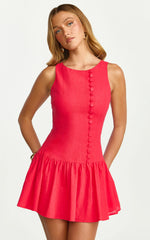 Cortez Mini Dress - High Neck Button Down Dress in Red