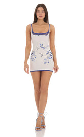 Double Strap Mesh Floral Bodycon Dress in White