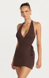 Callista Mini Dress - Knit Halter Neck Wrap Dress in Chocolate