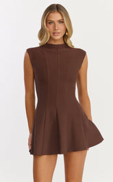 Becky Mini Dress - High Neck Sleeveless Fit And Flare Dress in Chocolate