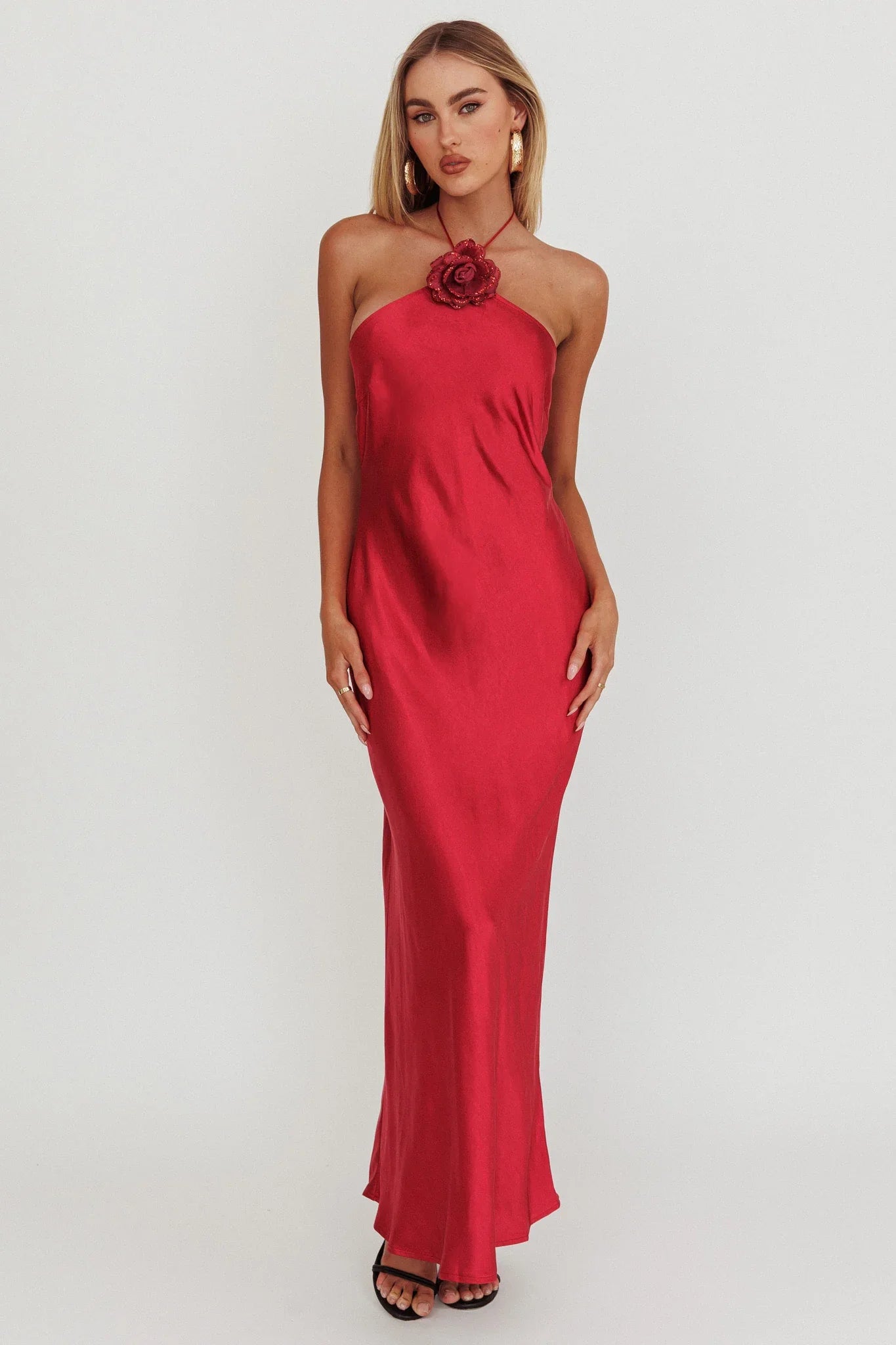 High Roller Flower Decoration Halter Dress Wine