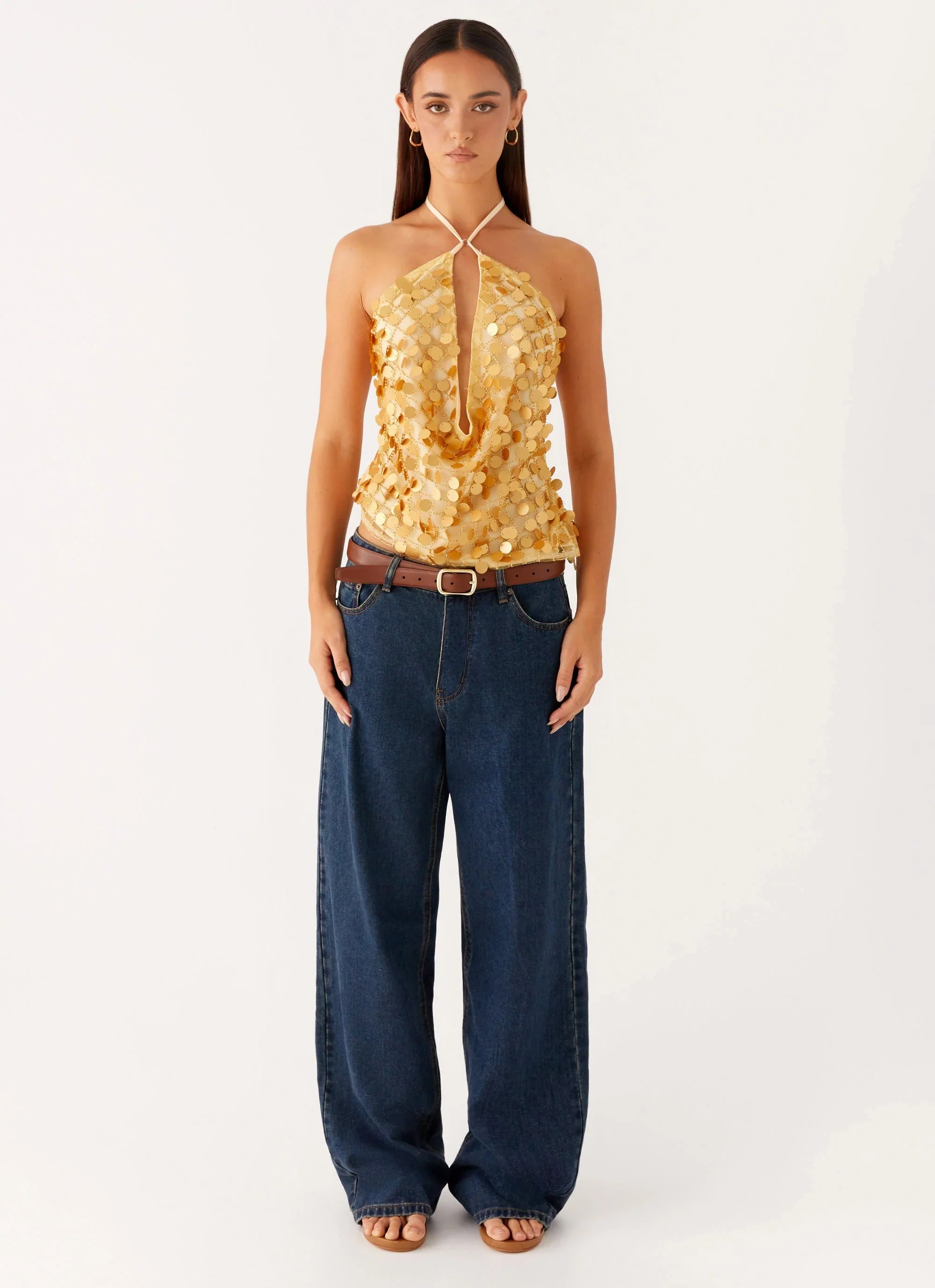 Xander Sequin Halter Top - Gold