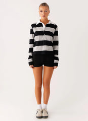 Beckett Polo Top - Grey Black Stripe