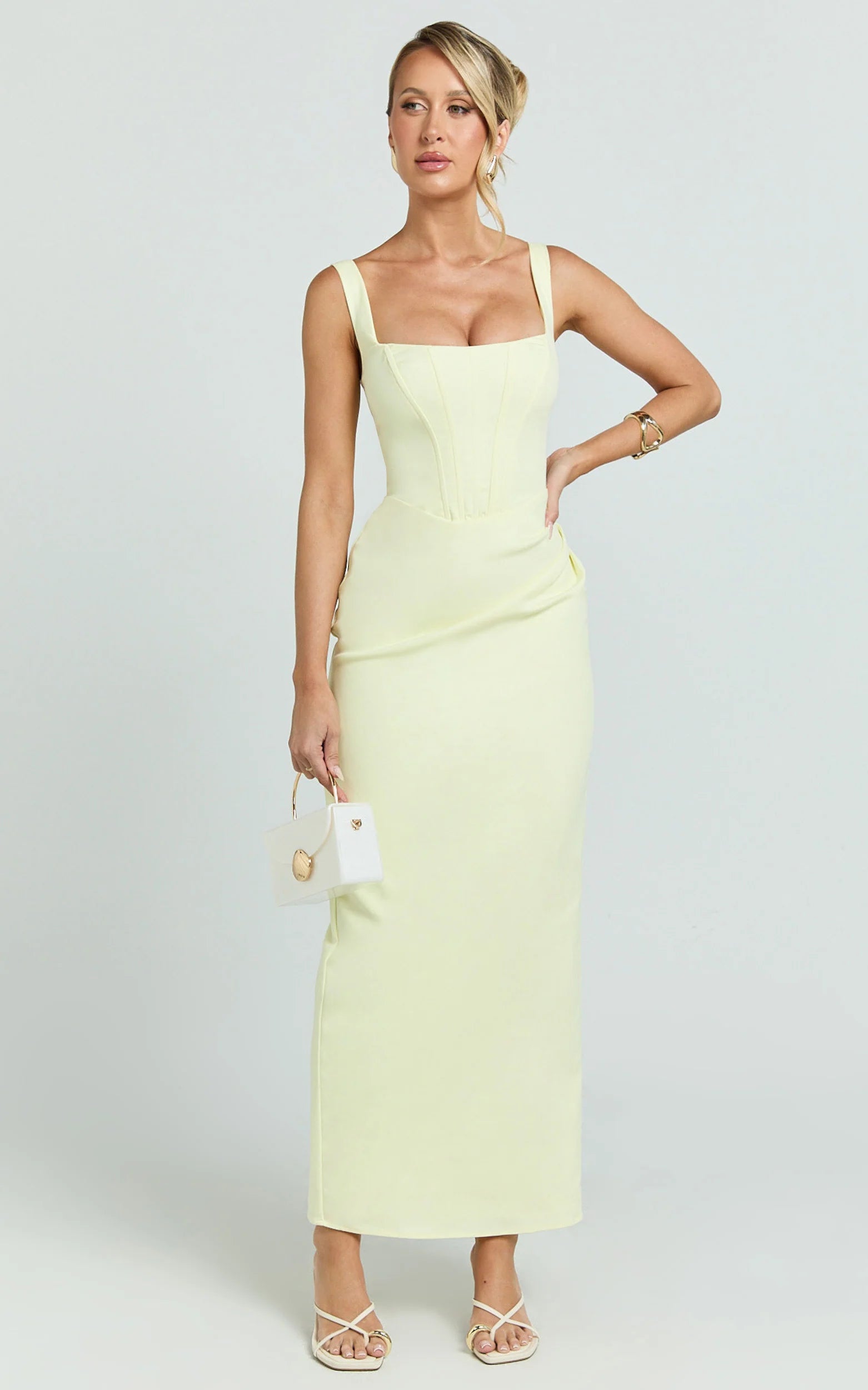 Karlie Maxi Dress - Scoop Neck Fitted Dress in Lemon