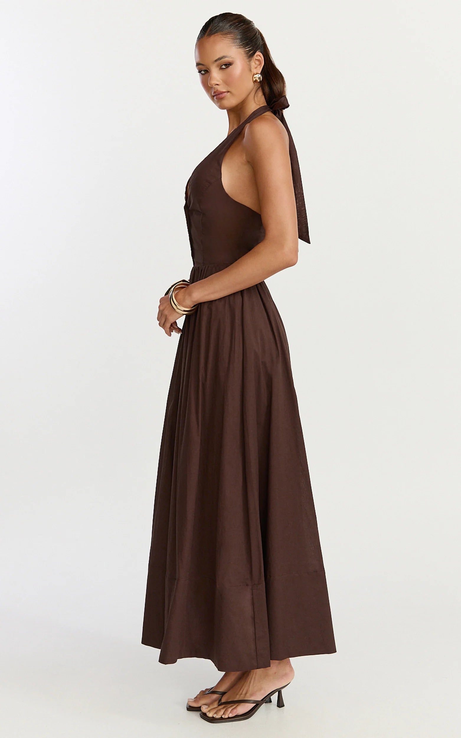 Everly Midi Dress - Tie Halter Neck Button Down Bodice Fit And Flare Dress in Chocolate