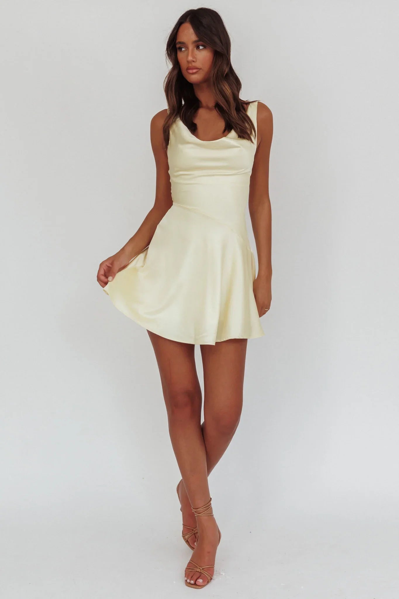 Brigid Cowl Neck Scoop Back Mini Dress Butter