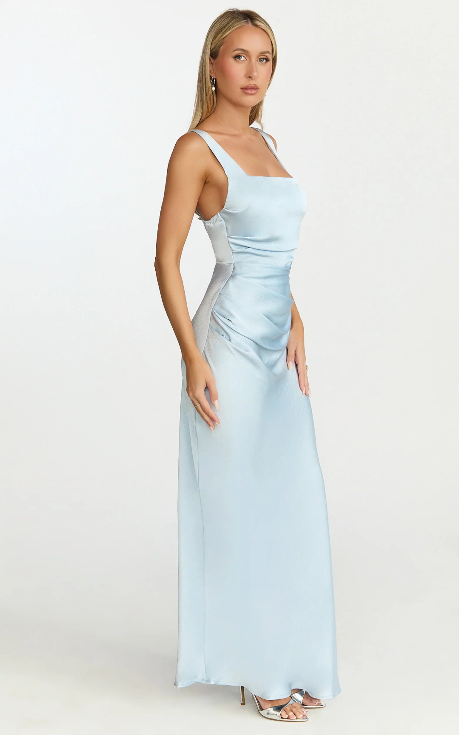 Rumi Midi Dress - Rushed Bodiest Satin Dress in Pale Blue