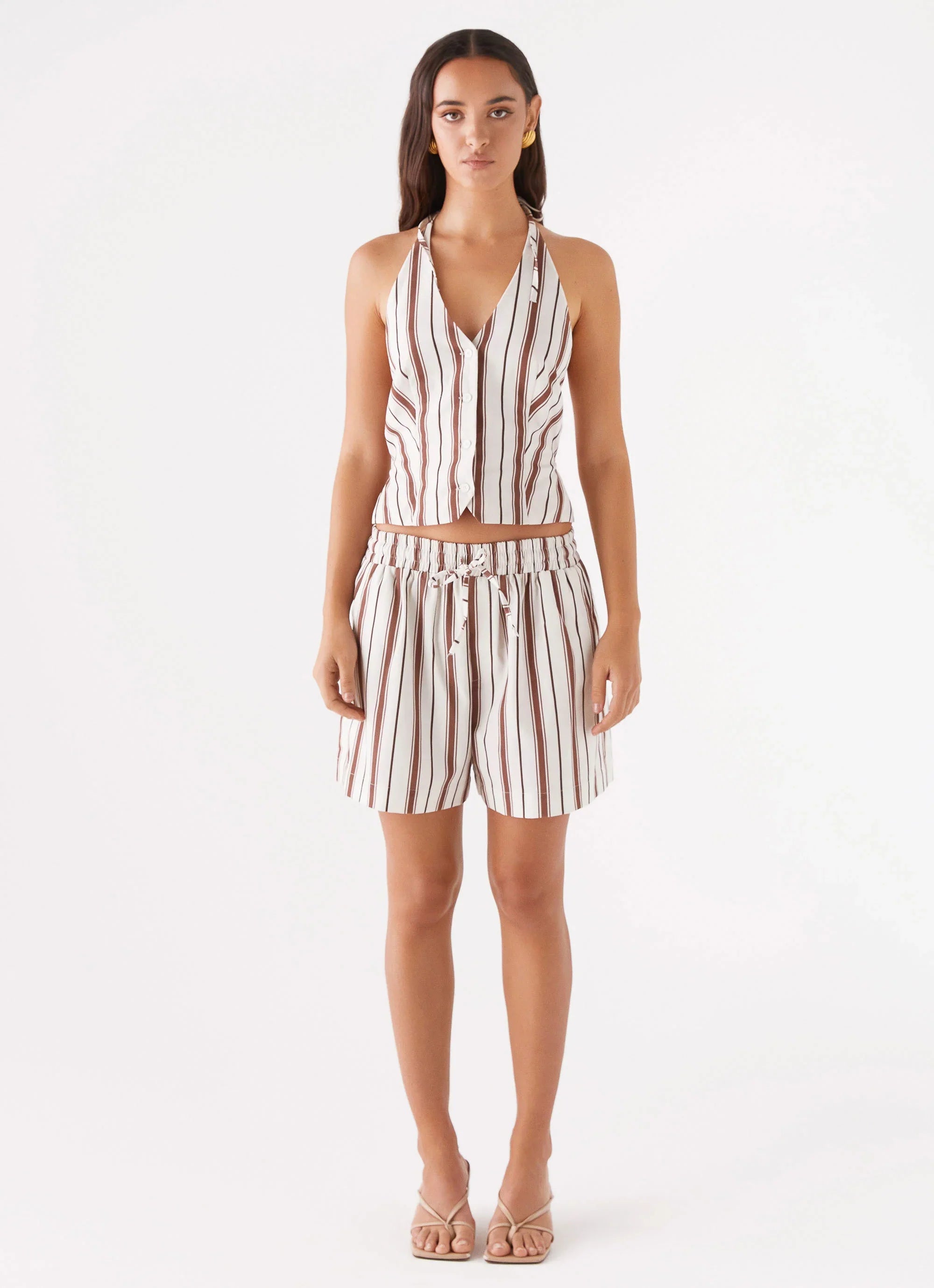 Ellie Linen Halterneck Vest Top - Brown Stripe