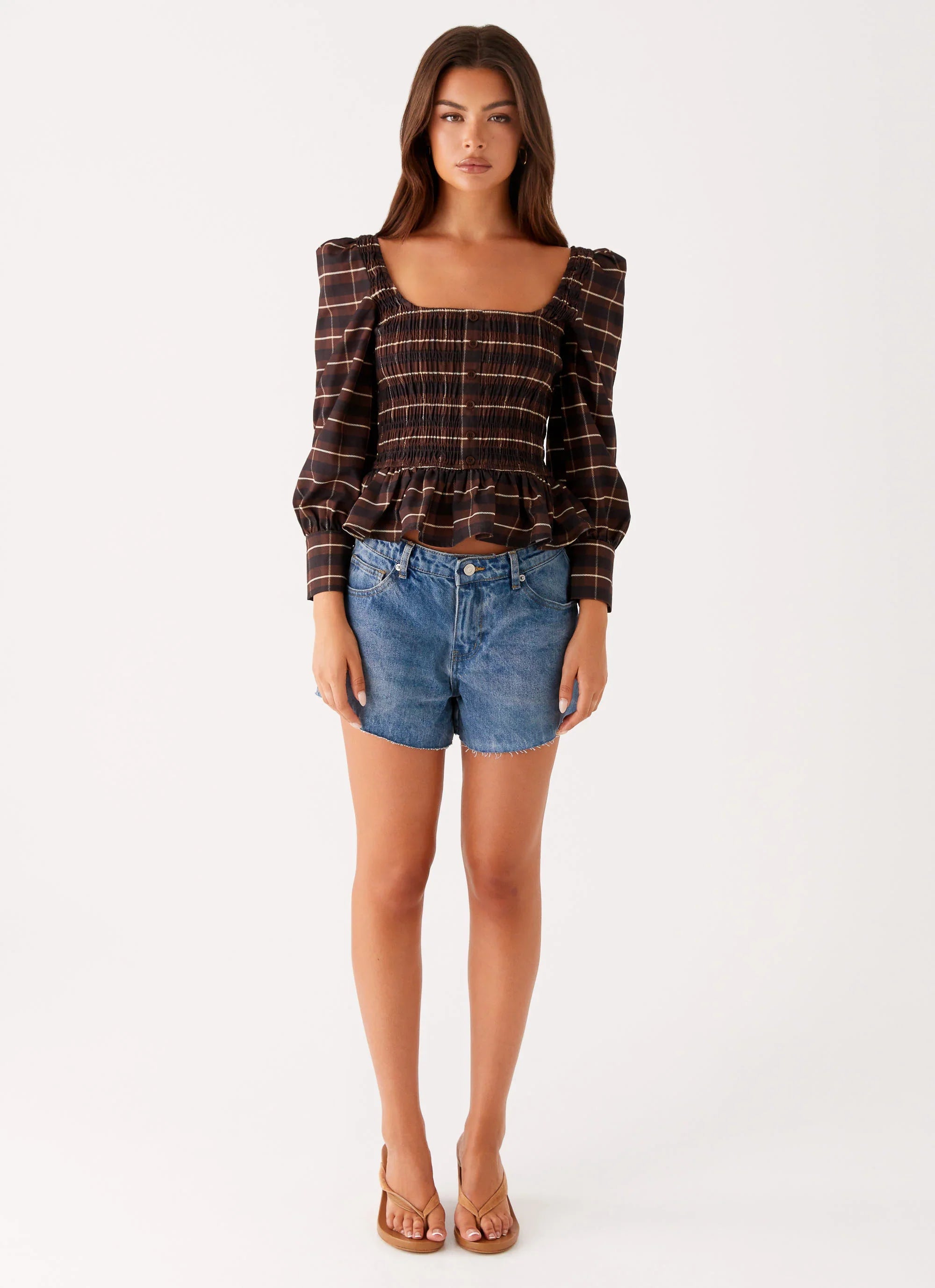 Joyce Long Sleeve Cotton Shirred Top - Chocolate Check