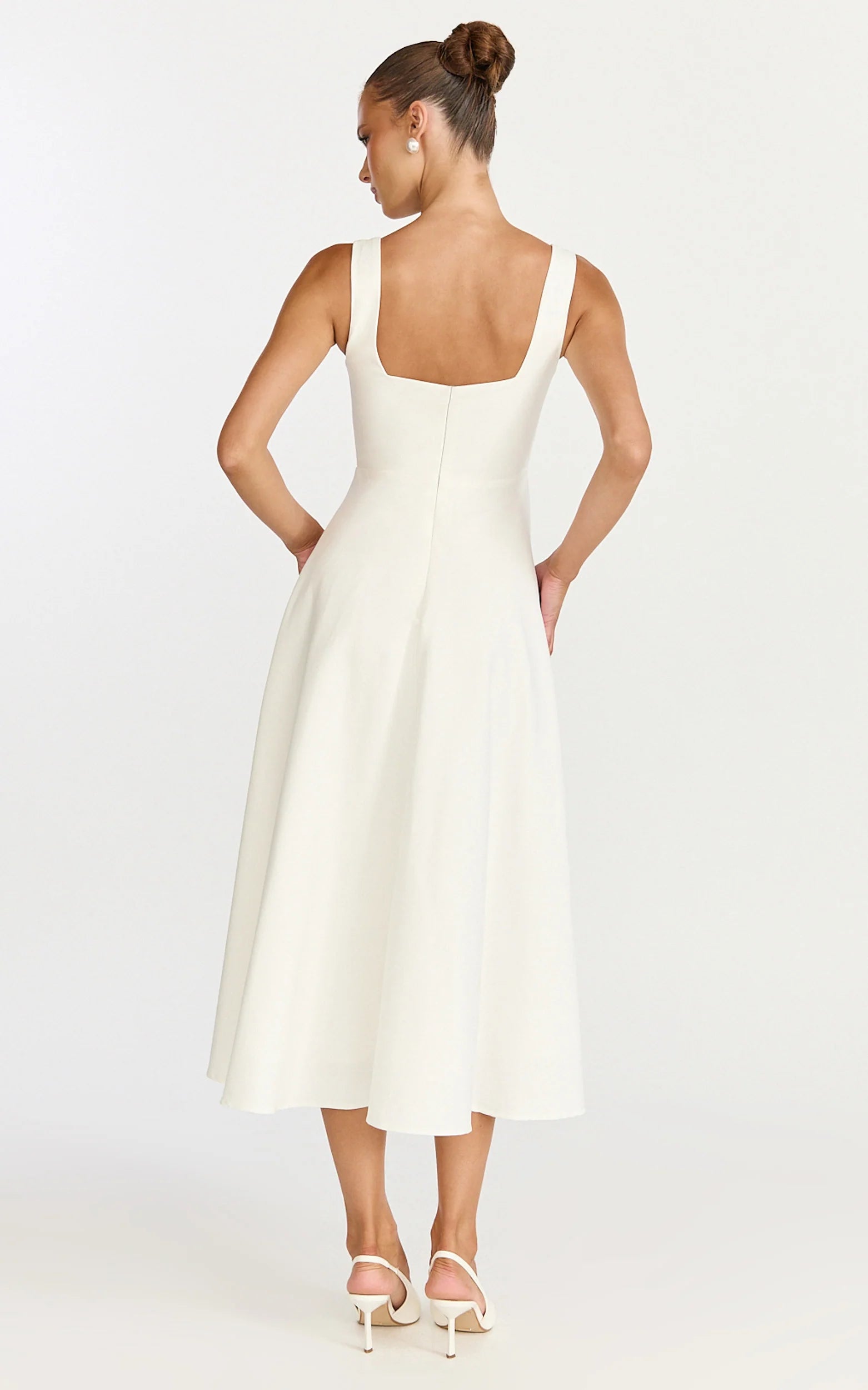 Bernie Midi Dress - Square Neck Strapped Full Circle Skirt Dress in White