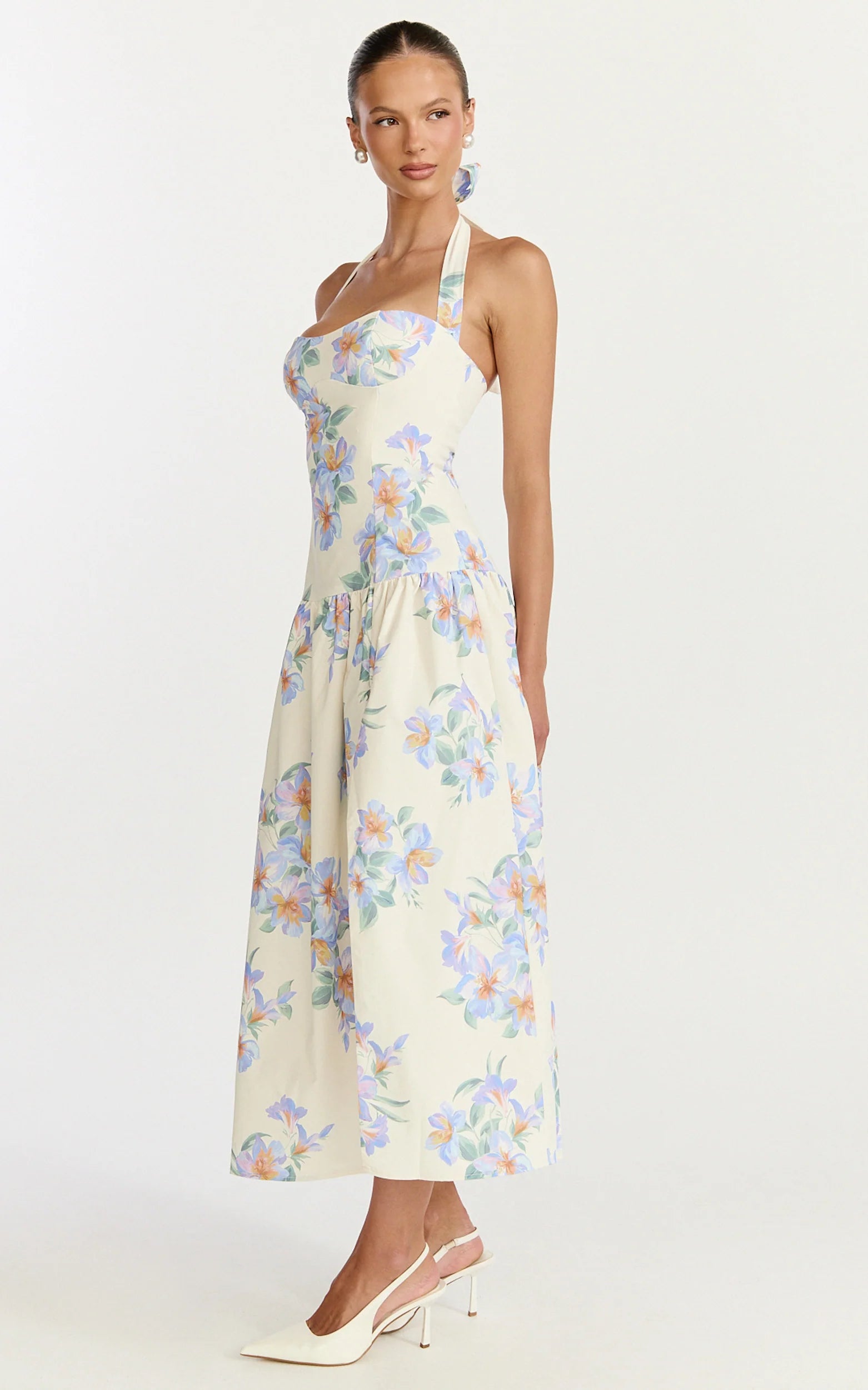 Astra Midi Dress - Halter Neck Drop Waist Dress in Astra Posey Floral Print