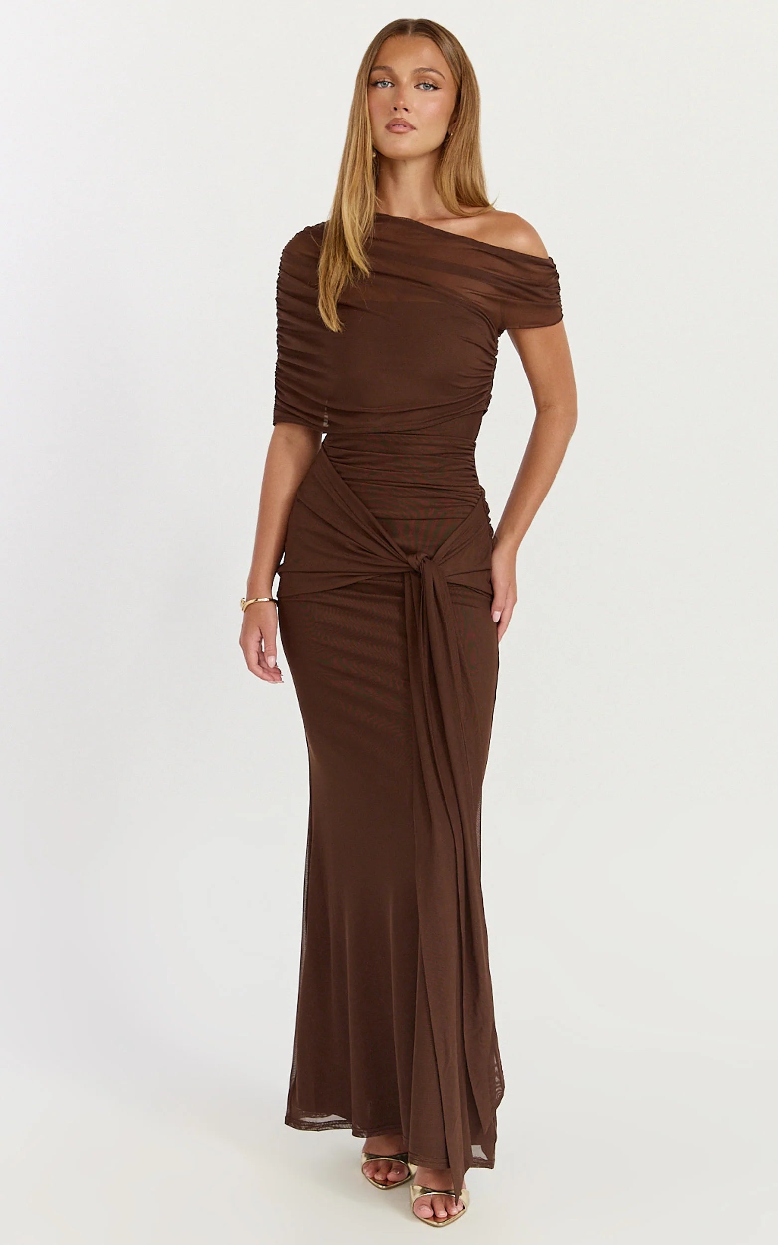 Nicolette Maxi Dress - Cape Sleeve Off Shoulder Dress in Chocolate