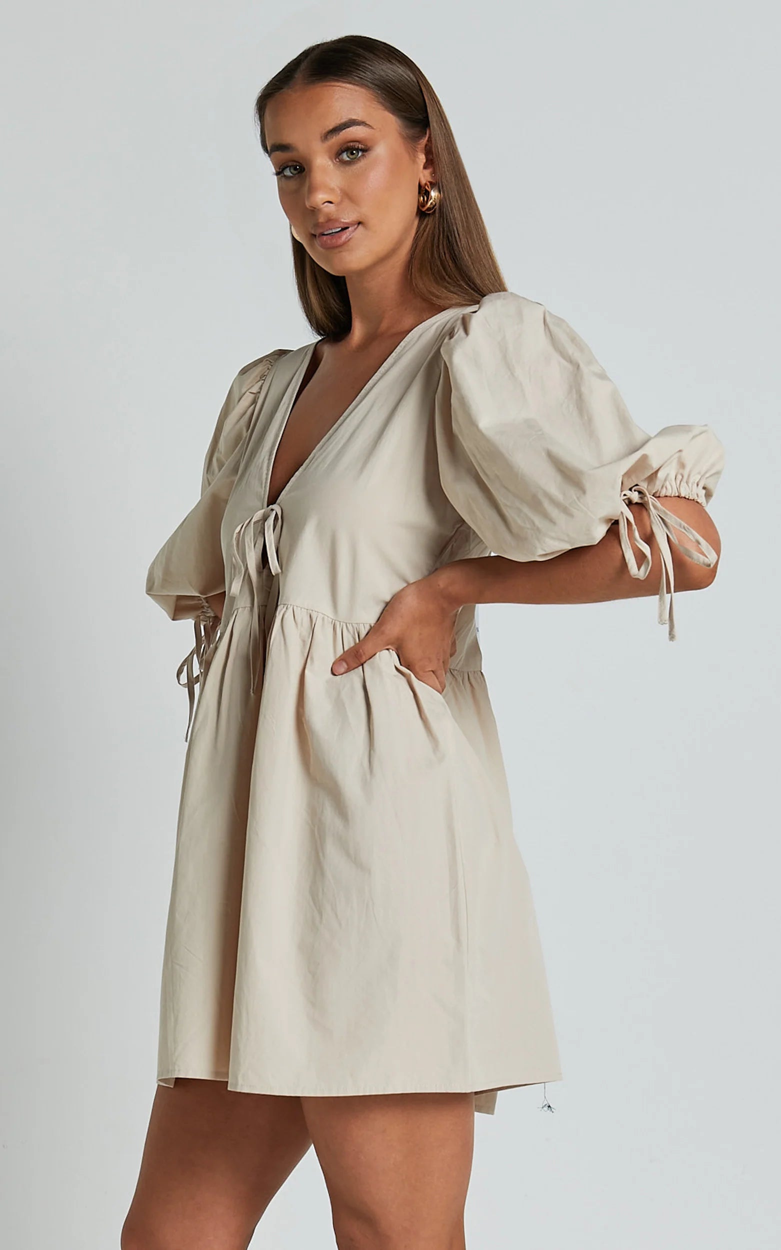 Rosita Mini Dress - Tie Front Puff Sleeve Dress in Stone