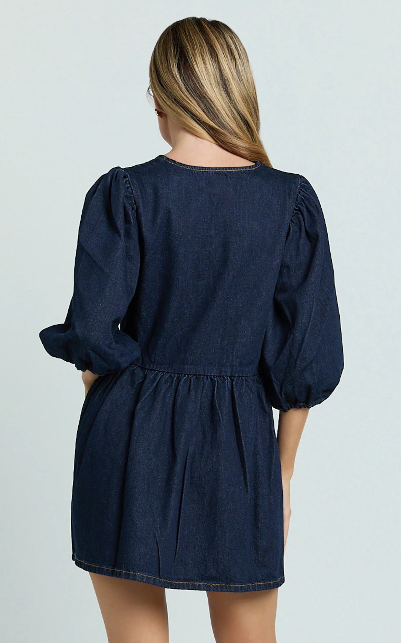 Shailene Mini Dress - Tie Front Puff Sleeve Recycled Denim Dress in Raw Indigo