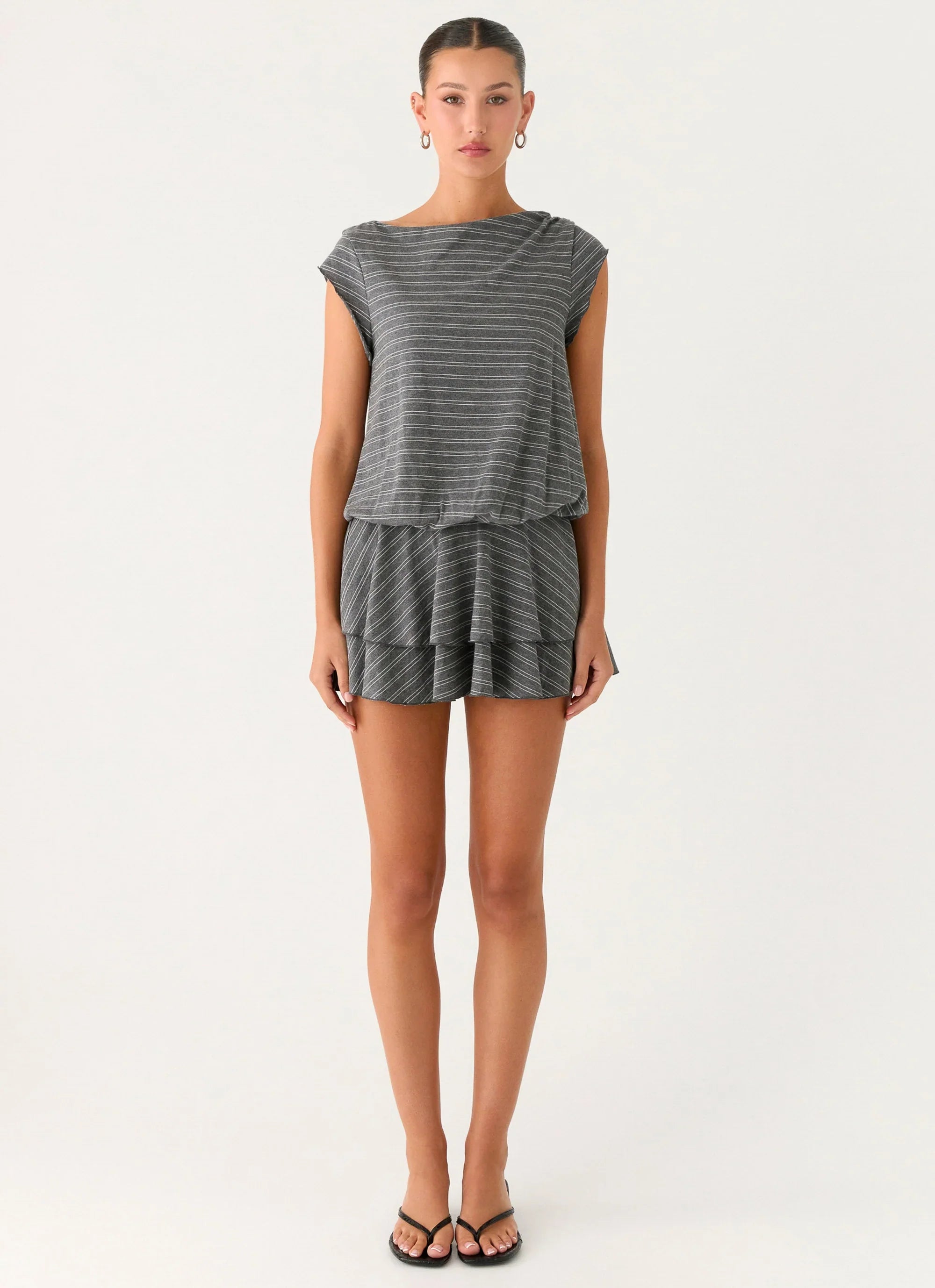 Bambola Wide Neck Mini Dress - Grey Marle Stripe