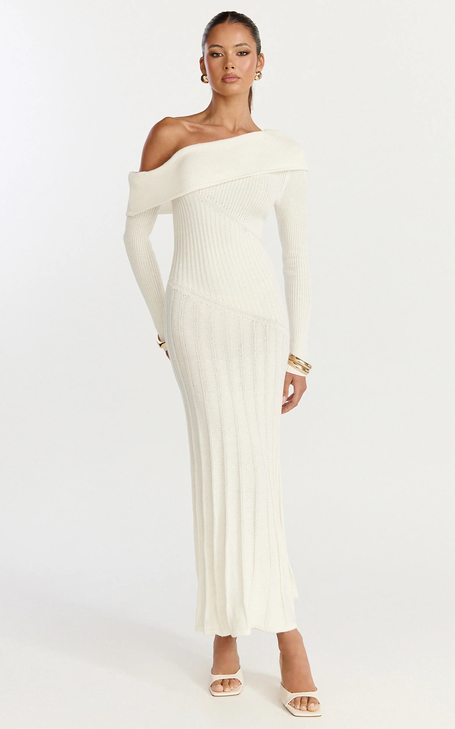 Elaine Midi Dress - Knit Off Shoulder Asymmetric Panel Dress in Cream