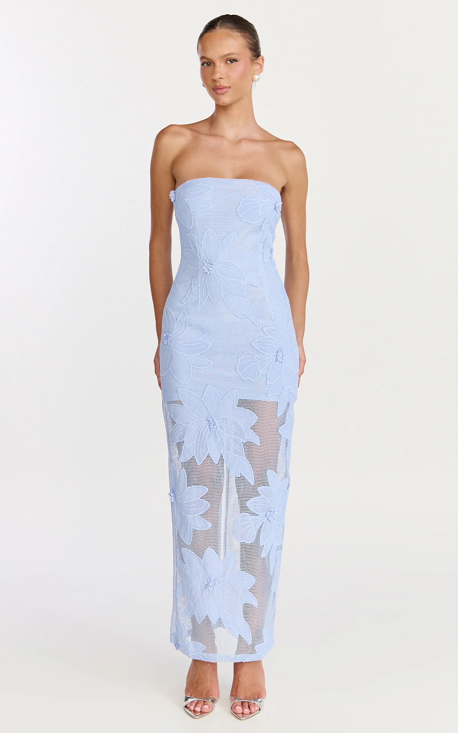 Sienna Midi Dress - Strapless Floral Embroidered Bodycon Dress in Blue