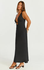 Silvena Midi Dress - Plunge Neckline Tie Front A Line Dress in Black